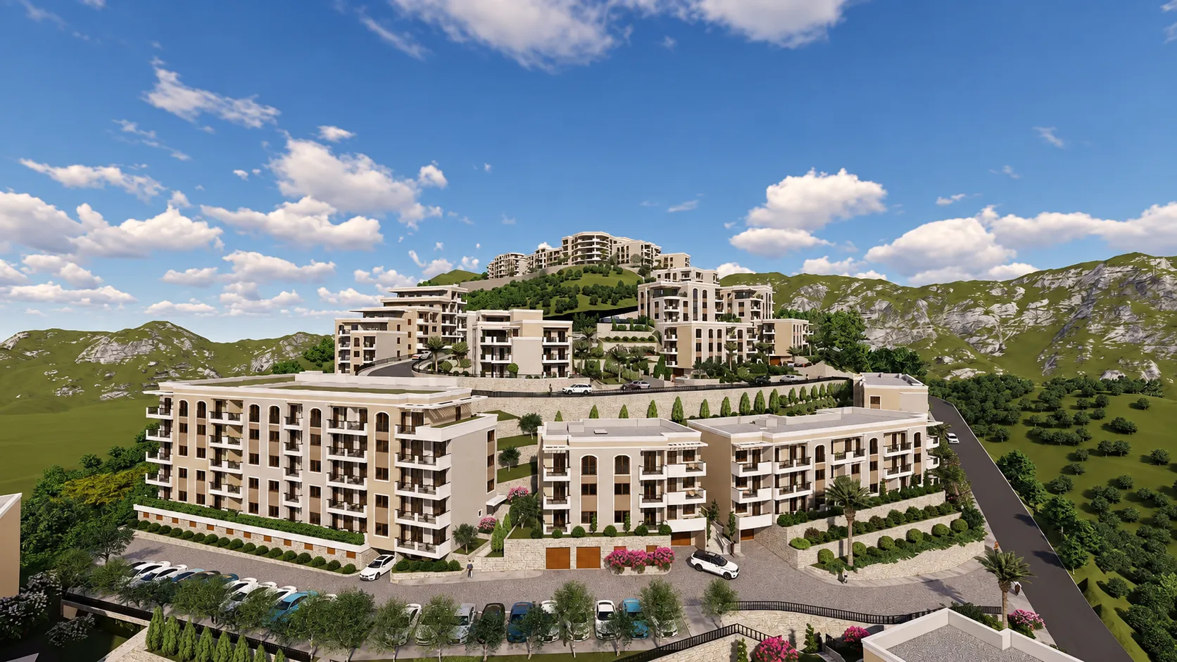 Render kompleksa zgrada na uzvišenju sa uređenim parkingom i zelenilom.
