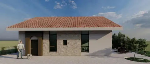 Prikaz eksterijera kuće sa popločanim dvorištem i fasadom od kamena. - image 3