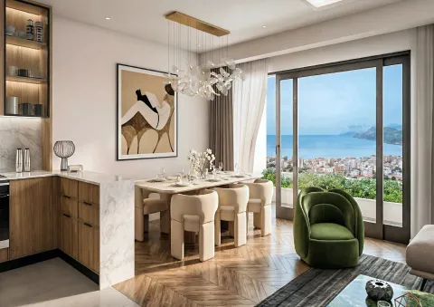 Modern living room interior with a dining area and sea view. - image 2