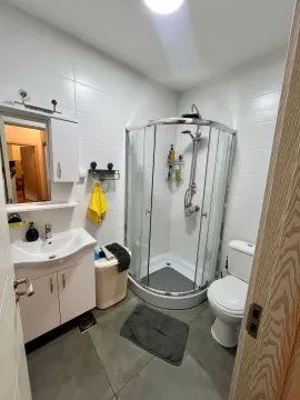 Smaller bathroom with a shower cabin, washbasin, and toilet. - image 10