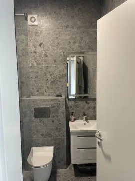 Moderno opremljeno kupatilo sa sivim keramičkim pločicama i sanitarijama. - image 10