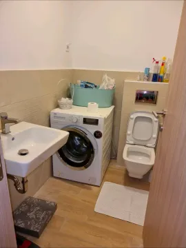 Small bathroom with a sink, washing machine, and toilet. - image 2