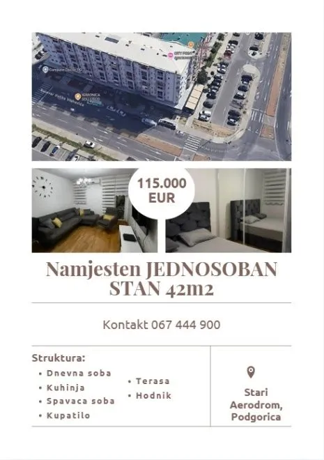 Prodaja, jednosoban stan, 42m², Stari Aerodrom, Podgorica