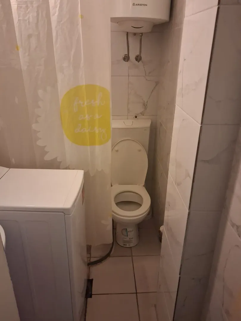 Small bathroom with a toilet, water heater, and shower curtain.