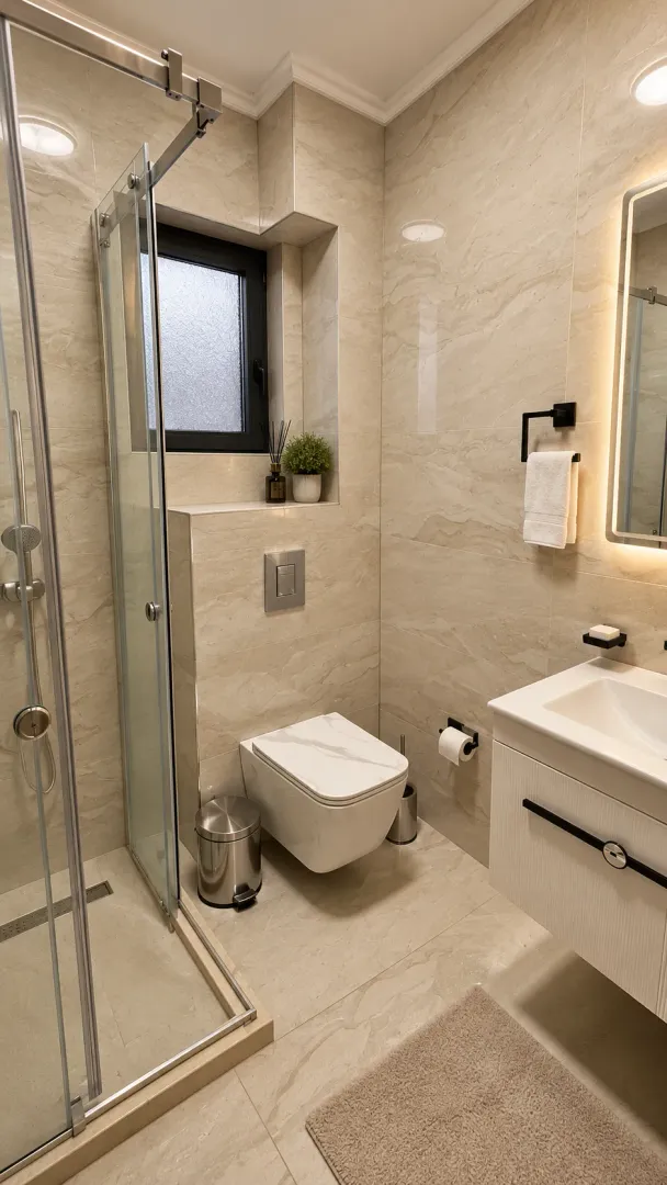 Modernly equipped bathroom with a walk-in shower and washbasin.