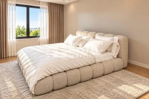 Modern bedroom with a double bed, rug, and a window with a green view. - image 5