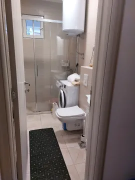 View of the bathroom with a shower cabin, washing machine, and sanitary fixtures through the open door. - image 11