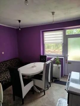 Trpezarija sa stolom, stolicama i kaučom u sobi sa ljubičastim zidovima. - image 7