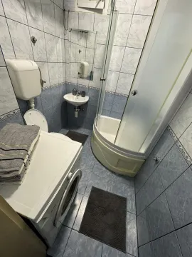 Jednostavno kupatilo sa tuš kabinom, mašinom za pranje veša i plavim pločicama. - image 13