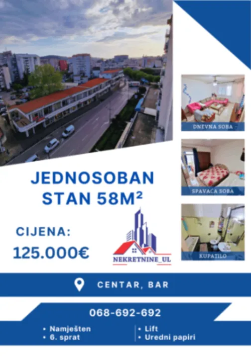 One Bedroom Apartment for Sale, 58m2, Centar, Bar