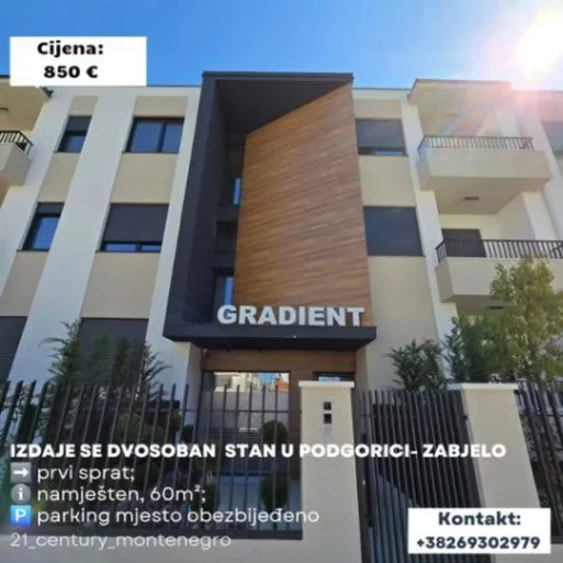 Izdavanje, dvosoban stan, 60m², Zabjelo, Podgorica