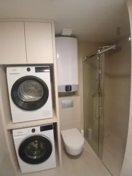 Kupatilo opremljeno tuš kabinom, toaletom i mašinama za pranje i sušenje veša. - image 9