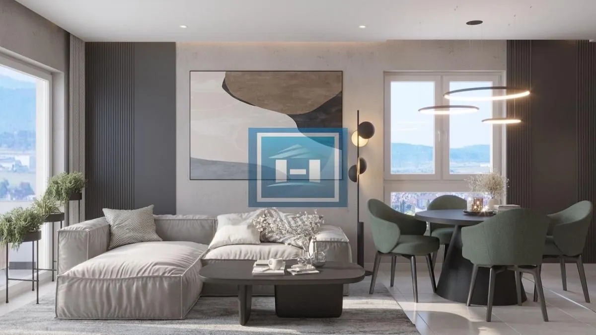 Modern living room with a sectional sofa and dining area.