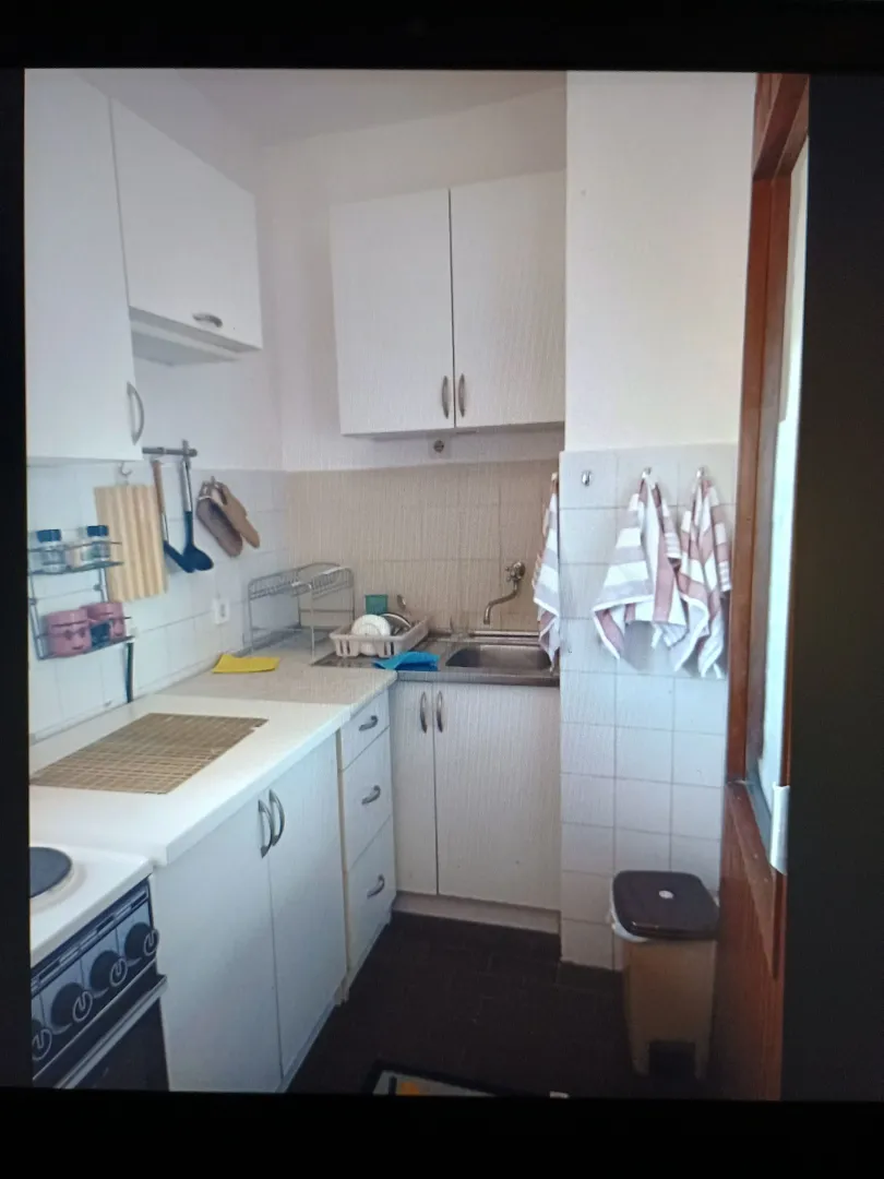 Manja bijela kuhinja sa sudoperom, šporetom i visećim elementima.