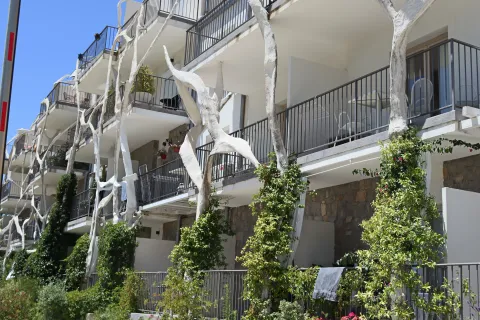 Exterior of a modern residential building with terraces and decorative columns. - image 7