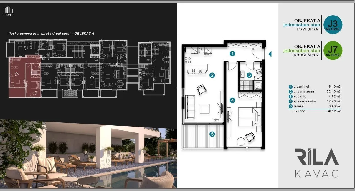 Sale, two bedroom apartment, 56m², Kavač, Kotor
