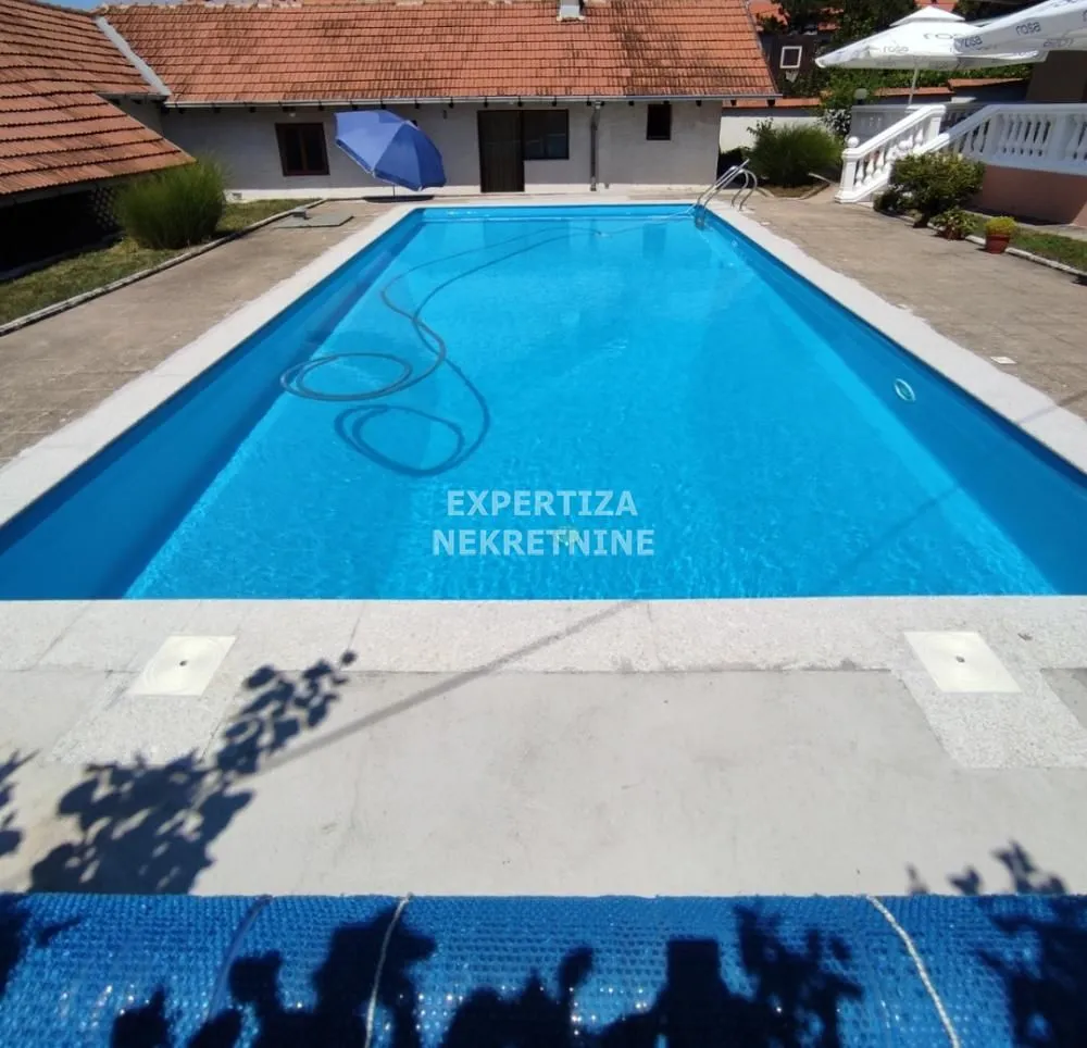 Yard with a large swimming pool in front of the house.