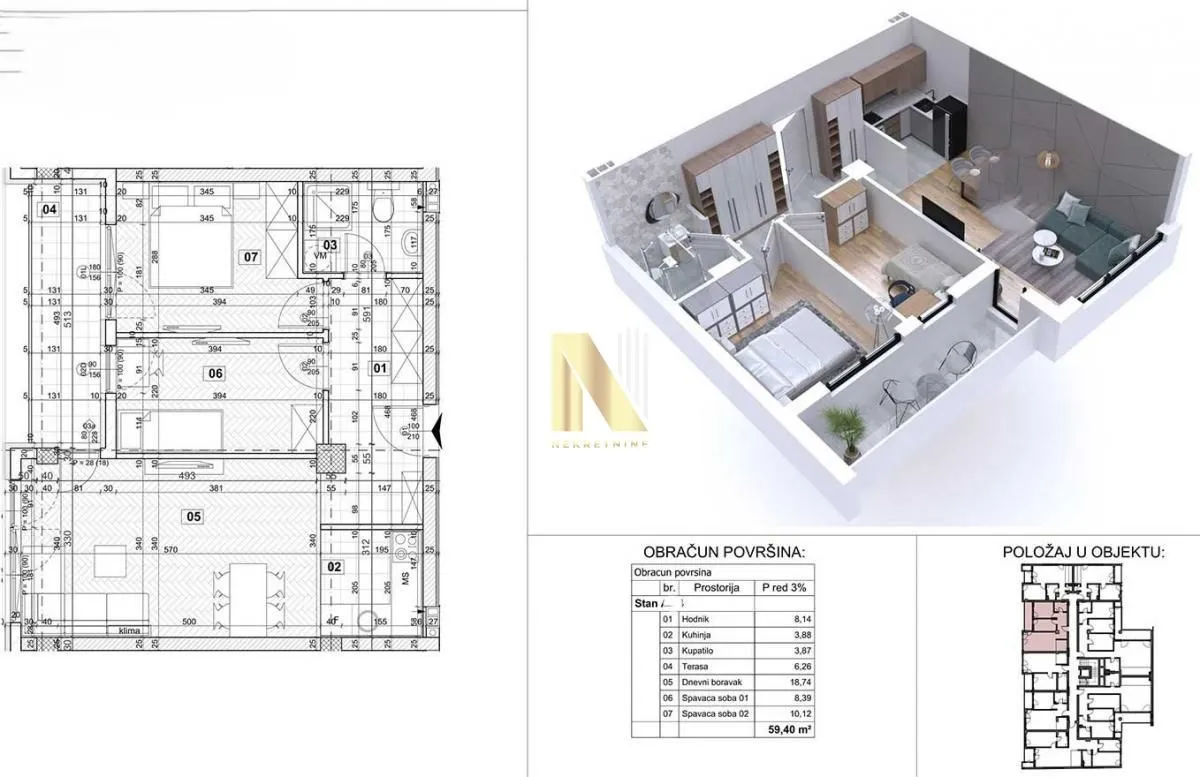 Arhitektonski plan stana sa 3D prikazom i dimenzijama prostorija.