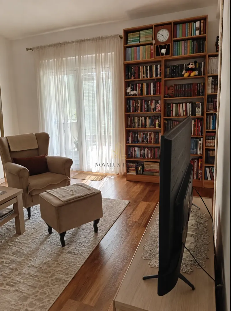 Dnevna soba sa foteljom, velikom bibliotekom i televizorom.