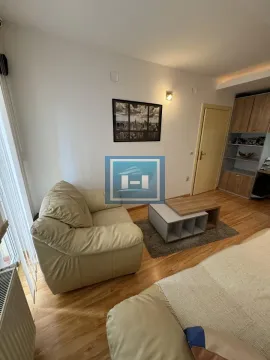 Smaller living room with an armchair, coffee table, and shelving unit. - image 7