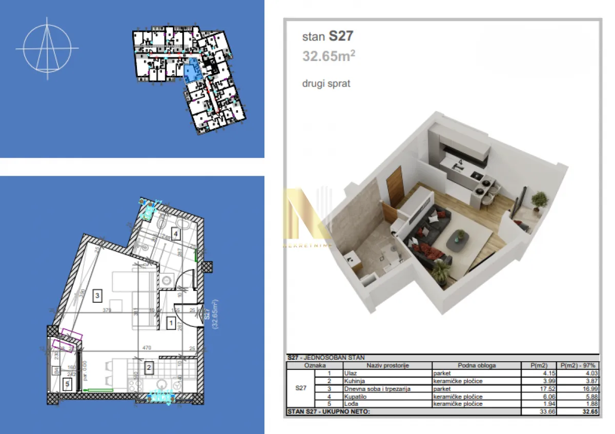 Sale, studio apartment, 33m², Salajka, Novi Sad Sve Podlokacije
