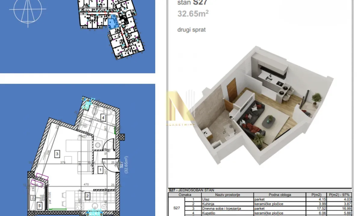 Sale, studio apartment, 33m², Salajka, Novi Sad Sve Podlokacije