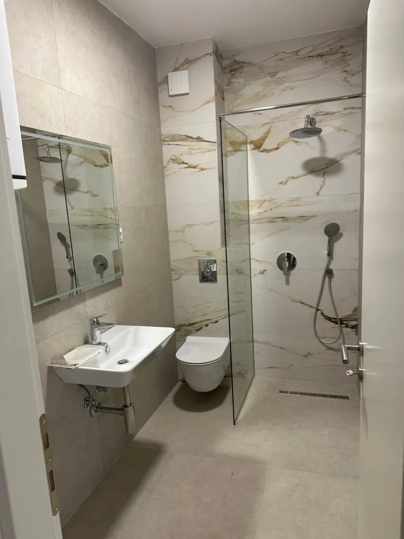 Modern bathroom with a walk-in shower, washbasin, and wall-hung toilet.