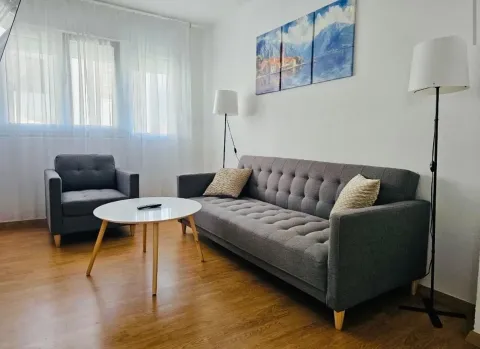 Dnevna soba sa sivom garniturom, foteljom, stočićem i lampama. - image 3