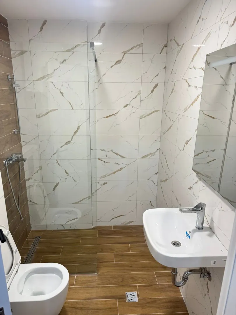 A modern equipped bathroom with a walk-in shower, washbasin, and toilet.