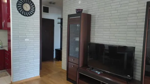 Dnevni boravak sa TV komodom i zidom obloženim dekorativnom ciglom. - image 4