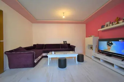 Bright living room with a purple corner sofa and a TV. - image 5
