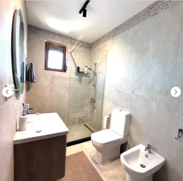 Modern bathroom equipped with a walk-in shower, washbasin, and toilet. - image 5