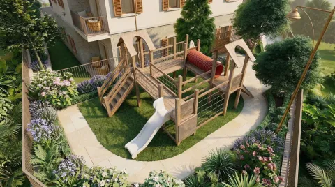 Building yard with a wooden playground and landscaped greenery. - image 2