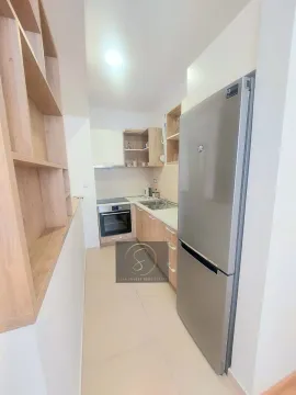 Small equipped kitchen with wooden cabinets and a refrigerator. - image 14