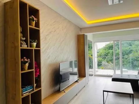 Living room with a wooden shelving unit, television, and access to the terrace. - image 5