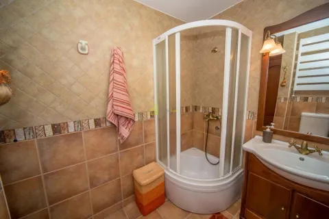 Bathroom with a shower cabin, washbasin, and brown-toned tiles. - image 31