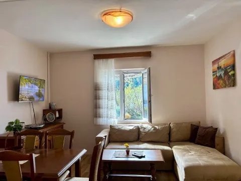 Living room with a sofa, TV, and dining table. - image 9