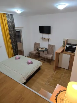 Studio apartment with a double bed, table, and mini kitchen. - image 2