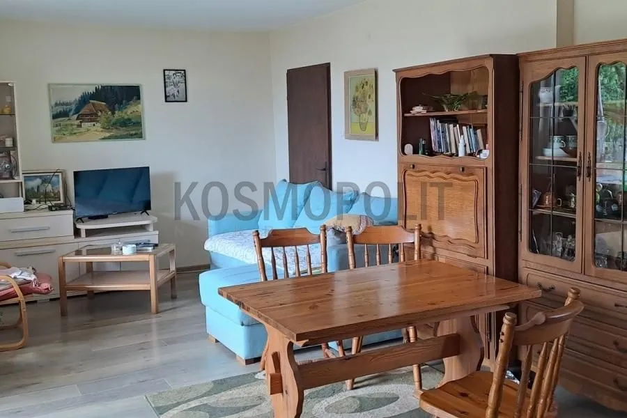 Dnevna soba sa trpezarijskim stolom i drvenim nameštajem.