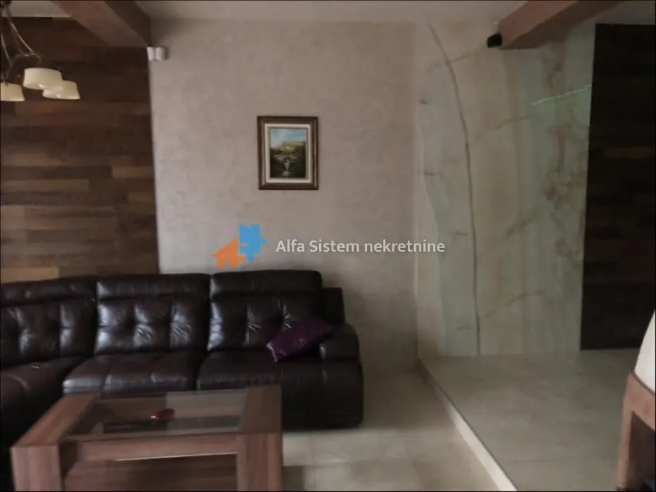 Living room with leather sofa and wooden coffee table.