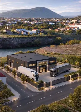 Aerial view of a modern industrial building with trucks in the yard. - image 2