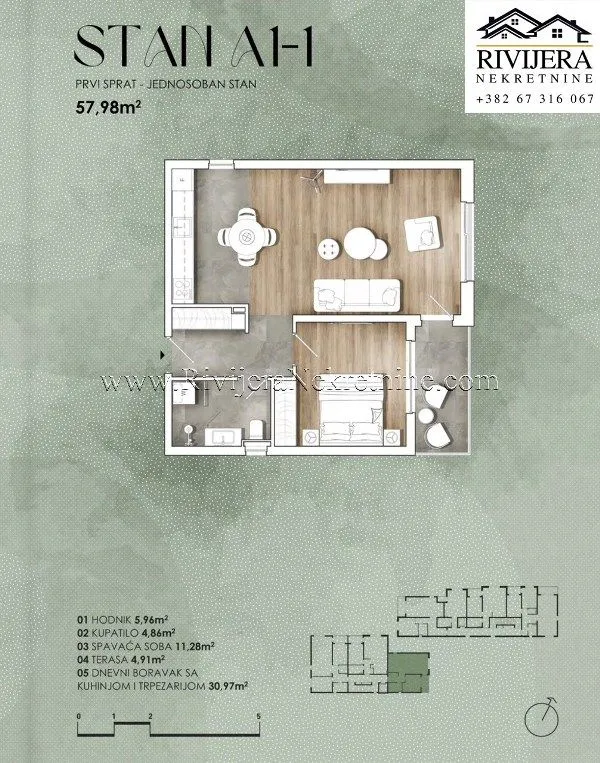 Prodaja, jednosoban stan, 58m², Radanovići, Kotor