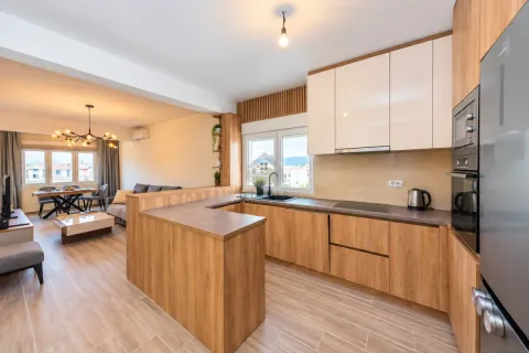Modern open-plan kitchen with wooden cabinetry connected to the dining and living area. - image 20