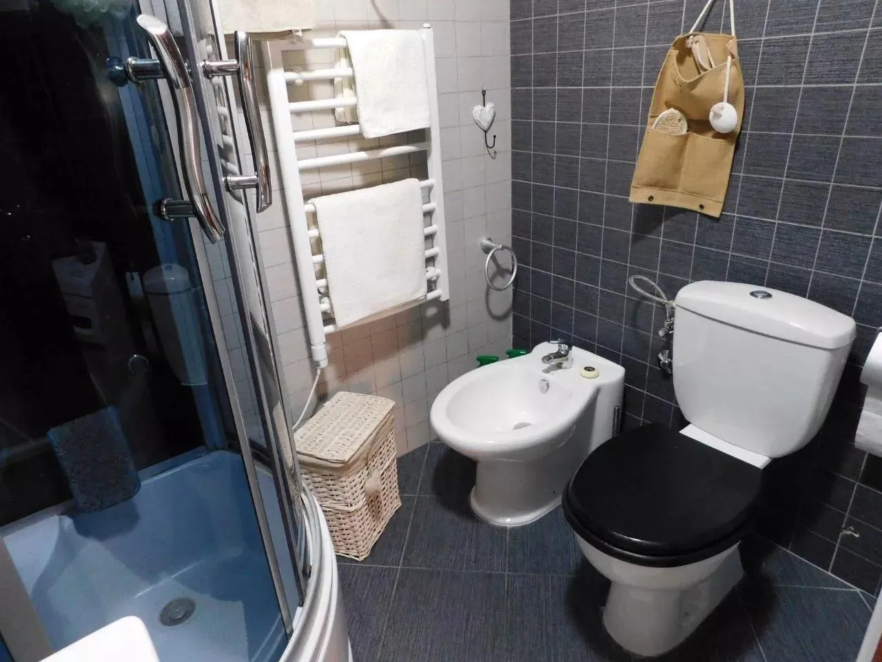 Manje kupatilo sa tuš kabinom, WC šoljom, bideom i radijatorom za peškire.