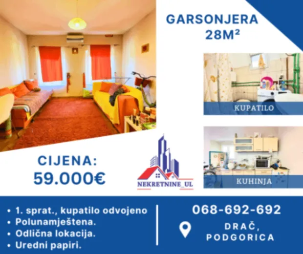 Sale, studio apartment, 28m², Drac, Podgorica