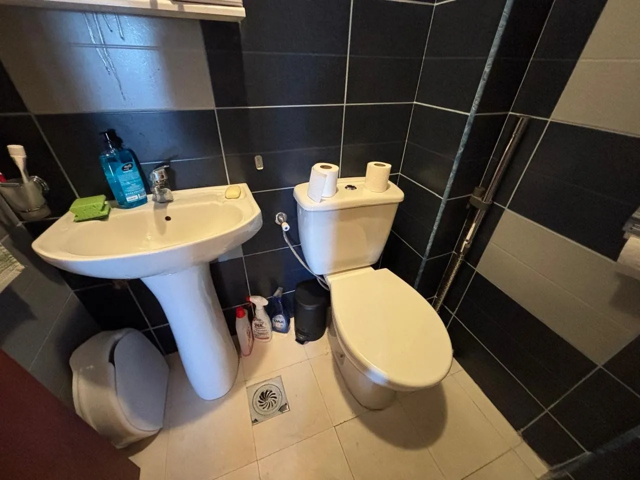 Manje kupatilo sa umivaonikom i wc šoljom.