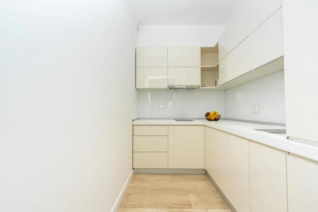 Modern white kitchen with built-in cabinetry and countertop.