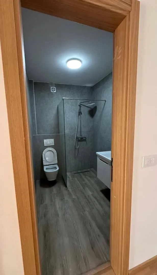Pogled iz hodnika na moderno uređeno kupatilo sa tuš kabinom.