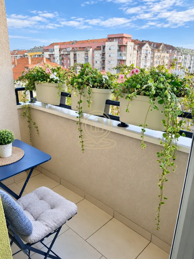 Namešten balkon sa stolom, stolicama i saksijama cveća sa pogledom na grad.