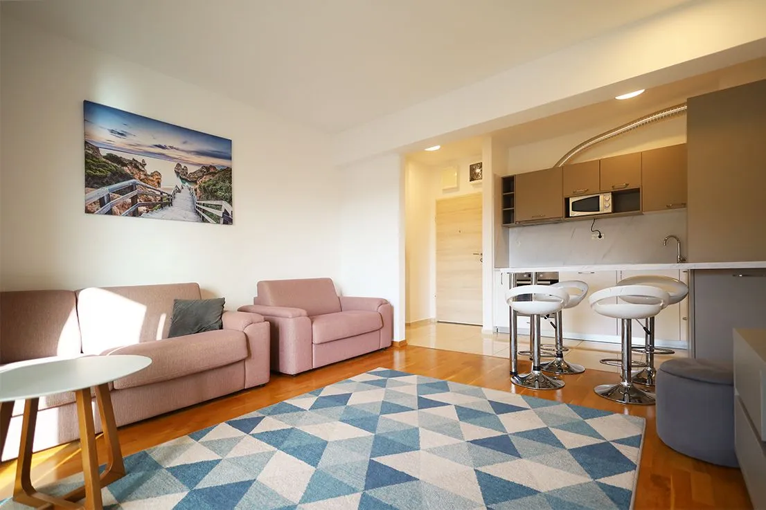 Living room with sofa and rug, connected to the kitchen and bar counter.